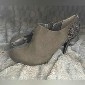 Gray heeled suede booties